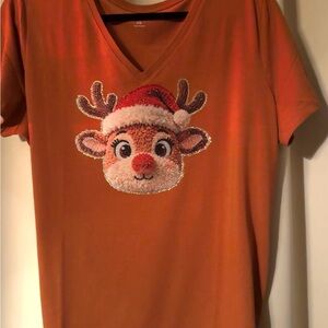 Amazon Essentials Orange Reindeer Short Sleeve Tee sparkly with rhinestones.